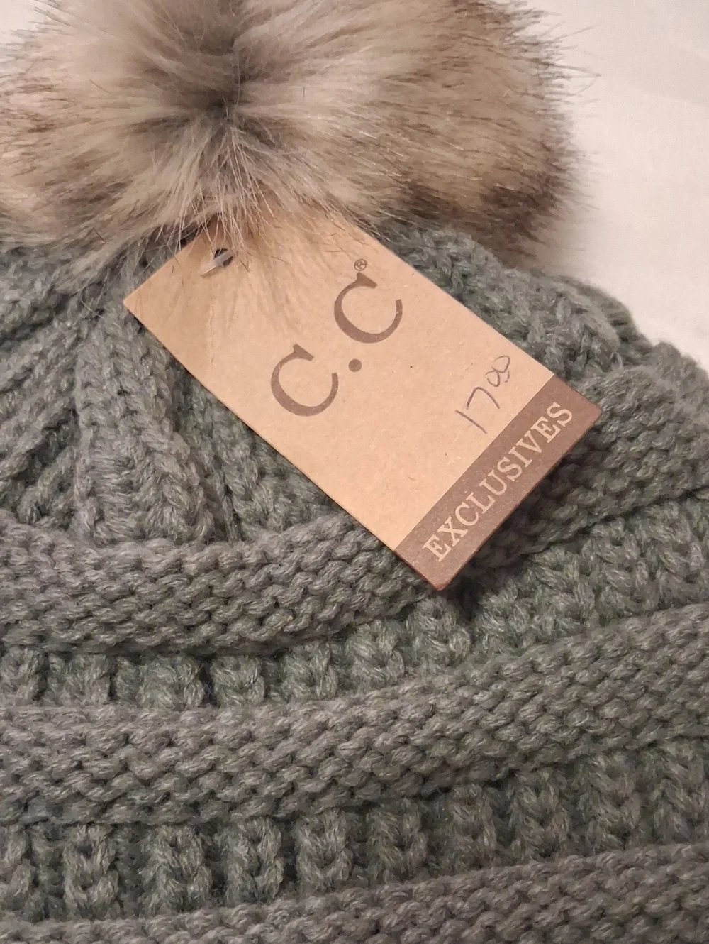 C.C Kids Gray Knit Beanie with Faux Fur Pom